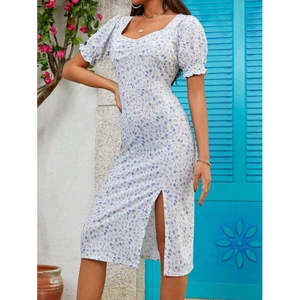 Women's Short-Sleeved <b>Dress</b> with Gathered Neckline, <b>Elasticated</b> Cuffs, and Floral Print, 37515 - White - Product Image 5