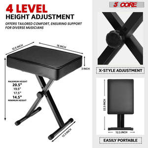 5 Core Keyboard Stand Piano Bench Combo Adjustable Key Board Stands 3" <b>Padded</b> Musician <b>Chair</b> Set - Product Image 3