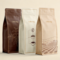 Sac à fond plat en aluminium kraft avec fermeture éclair réutilisable, impression personnalisée du logo, emballage OEM pour grains de café