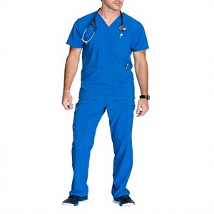 Ensemble de tenue médicale bleue pour femme : Blouse à col en V et pantalon cargo à poches, uniforme d'hôpital en tissu tissé coton-polyester, détection des aiguilles - Product Image 5
