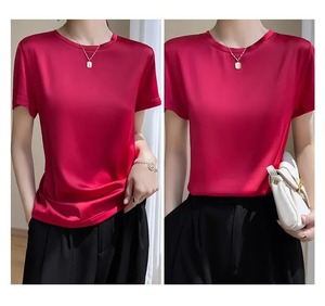 2025 T-shirts en satin décontractés pour femmes Hauts fins simples à manches courtes Taille unique - Product Image 6