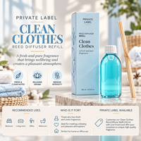 Recharge de diffuseur à bâtonnets pour vêtements propres, marque privée, 200 ml + bâtonnets |   Parfum d'ambiance pour la maison Fraîcheur et Propreté |   Fabricant OEM Espagne