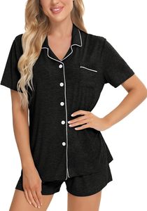 Pyjama boutonné à manches courtes pour femmes ensemble léger extensible mariée vêtements de nuit Sexy genou longueur salon ensembles motif solide - Product Image 2