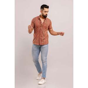 Men's Red Ethnic Print Cotton Casual Short Sleeve <b>Shirt</b> (SHKN1067) - Product Image 6