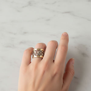 Silver & Gold Plated Swirl Pattern <b>Spinner</b> <b>Ring</b> - Handmade Two-Tone Design - Product Image 3