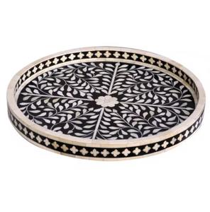 Bone Inlay Floral Round Tray Black traditional elegant use <b>wooden</b> <b>decorative</b> handcrafted premium luxury durable lightweight - Product Image 3
