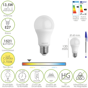 Lampadina LED Standard con Attacco E27 13,5 Watt. Corrisponde a 100 Watt. 1521 Lumen. Luce Calda (3000o. K.) - Product Image 1