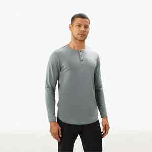 เสื้อเชิ้ตผ้าฝ้าย33% ผ้าโพลีเอสเตอร์62% นุ่มมีกระดุมเสื้อแขนยาวเสื้อแบบ Henley 5% - Product Image 3