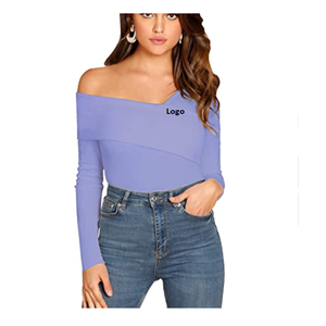 Camiseta informal de punto acanalado con hombros descubiertos para mujer, blusa entallada con cuello de pico profundo para mujer, blusa de banda ancha - Product Image 6