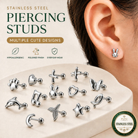 Piercings de Oreja de Acero Inoxidable Estilo Y2K con Diseños de Conejito, Mariposa, Pata, Delfín, Corazón, Luna, Saturno, Nota Musical, Helix y Tragus