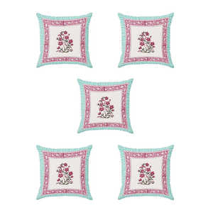 Funda de cojín de algodón hecha a mano con estampado de bloques de Rajasthani Motivos Rosa turquesa Juego de 5 piezas - Product Image 3