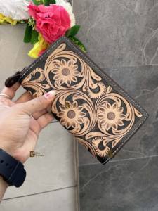 Stylish Brown Handtooled Clutch Handbag Handmade Vintage Winter Fashion Zipper Waterproof Multi-Use <b>Fur</b> <b>Trim</b> Flower Decoration - Product Image 2