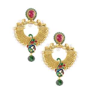 Kriaa Meenakari Boucles d'oreilles lustre en pierre Design paon Dangler-1303708 - Product Image 1