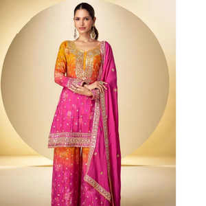 Neeta Création Chinon Robes décontractées Impression numérique Broderie Travail à la main Satin Salwar Costume Collection Fête Manches courtes Soie - Product Image 1