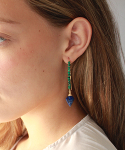 Lapis และ Malachite ลูกปัด925ต่างหูห้อยชุบทองเงินสำหรับผู้หญิงต่างหูห่อลวดอัญมณีทำด้วยมือ - Product Image 5