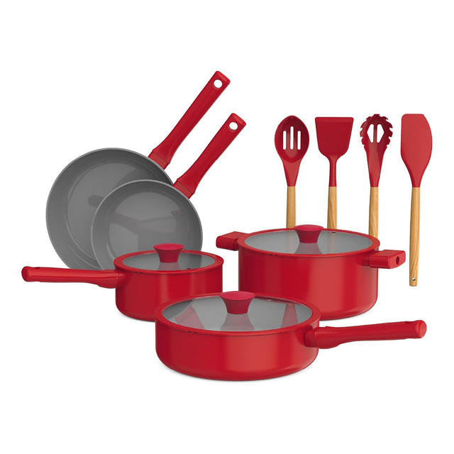 New Arrival Eco-Friendly 12-Pieces Red Nonstick Induction Aluminum Cookware Sets with Ceramic Coating for the Kitchen