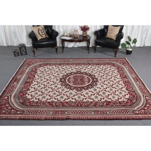 Classic <b>Red</b> Gray <b>Wool</b> Rug 7.6 X 9.6 ft Handmade Turkish Large Area Rectangle Abstract Patchwork Latex Hallway 10mm Room Rug - Product Image 3