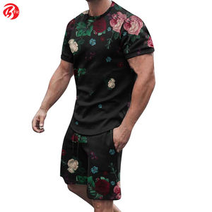 Conjunto de pantalones cortos estampados transpirables de manga corta informales para hombre de High Street, diseño de cuello redondo, opciones de talla grande de otoño, verano a la moda - Product Image 3