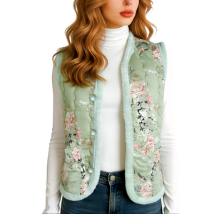 Женский винтажный стеганый жилет с цветочным принтом, без рукавов, на пуговицах, для осени и зимы - Product Image 2