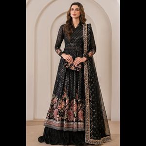 Ssumaira Collection's JAZMIN Modest <b>Dress</b> 3-Piece Set Embroidered Chiffon Front Back Yoke Embroidered Chiffon Sleeves - Product Image 1
