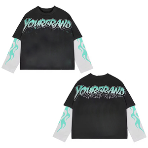 Custom Oversized Streetwear Distressed Full Print Graphic <b>Flame</b> Sleeves Y2K Double Layer Long Sleeve T-<b>shirt</b> - Product Image 1