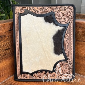 Hand-tooled Cow Leather Zipper Portfolio Padfolio <b>Folder</b> <b>A4</b> Portfolio 3 O Ring Binder With Tablet Pocket Zipper Portfolio Binder - Product Image 1