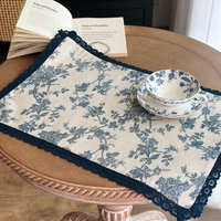 Set de table vintage français à motif floral avec bordure en dentelle bleu beige rectangulaire pour la décoration de la salle à manger