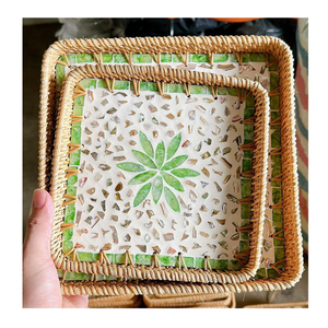 Handwoven Rattan <b>Serving</b> <b>Tray</b> with Mother of Pearl Inlay Decorative <b>Tray</b> for Kitchen Dining Table - Product Image 4