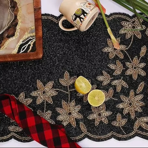 Beaded Design <b>Table</b> <b>Mat</b> Black & Golden Flower Decorative Round Placemat for Wedding & New Year Celebration - Product Image 1