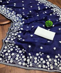 DESIGNER ORGANZA SOIE BRODERIE TRAVAIL SAREE AVEC BLOUSE NON COUCHÉE VÊTEMENT DE FÊTE PRIX DE GROS VÊTEMENT ETHNIQUE BLEU - Product Image 2