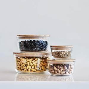 Round <b>Glass</b> Storage Container <b>with</b> mango <b>wood</b> <b>Lid</b> - Product Image 1