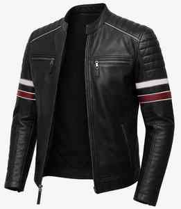 Men's Slim Fit Moto Style <b>Biker</b> <b>Jacket</b> in Black Cow Hide Leather with Striped Sleeves Outerwear - Product Image 3