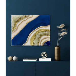 Bleu nuit moderne Art déco résine mur Art peinture géométrique abstrait Design avec bois fer noir or cadres pour accrocher - Product Image 1