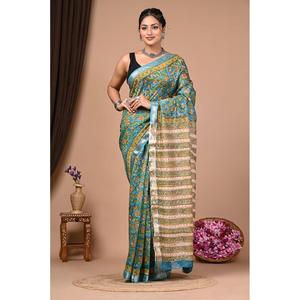 Sari de Seda Maheshwari Satinado Elegante Hecho a Mano con Estampado Floral, Técnica de Impresión en Bloque, Borde Tejido con Zari, Silueta Recta - Product Image 1