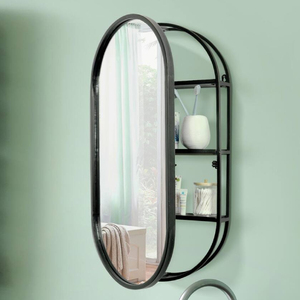 Black <b>Metal</b> <b>Framed</b> Oval Vanity and Bathroom Wall Mirror with Shelves Best Selling Price Bulk Supplies for Wall Mirror Decor - Product Image 6