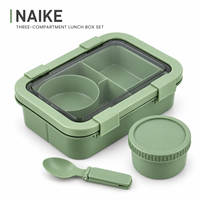 Boîte à lunch en paille de blé PP avec trois compartiments, bol à soupe, cuillère pliable et fermoirs sécurisés pour le bureau, l'école et la vente au détail