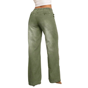 Jean en denim vert olive pour femme, coupe large, taille mi-haute, décontracté, vintage, délavé, jambe droite, 100 % coton, séchage rapide - Product Image 2