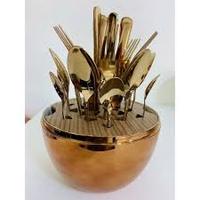 Ensemble de couverts en acier inoxydable plaqué or brillant avec cuillères en laiton, pour événements de mariage, 24 pièces, avec support doré en forme d'œuf