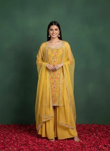 Ensemble Salwar Kameez Trois Pièces en Faux Georgette Lourd avec Broderie Réversible et Éclatante, et Dupatta, pour Mariage et Fêtes - Product Image 5