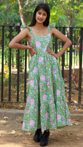 Hand Block Printed Indian Cotton Dress 100% Cotton Long Gown with Square Collar Casual Style Embroidered Indian <b>Tunics</b> - Product Image 3