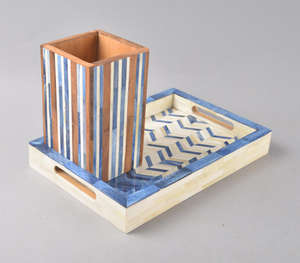 Plateau de service rectangulaire en bois de manguier fait main avec incrustation de résine jaune et bleue vibrante, motif marocain, plateau ottoman décoratif - Product Image 4