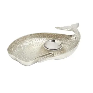 handcrafted metal whale fish shape stylish silver finished unique chip and dip bowl