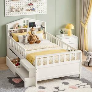 White Solid Wood Kids <b>Bed</b> With Guardrails <b>Toddler</b> Daybed Padded Headboard Storage Drawer and Stair <b>Bed</b> <b>Frame</b> - Product Image 1