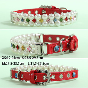 Collar de perlas de lujo para mascotas para gatos y perros pequeños | Collar de cristal de cuero PU ajustable | Fábrica de accesorios para mascotas ostentosa de moda - Product Image 2