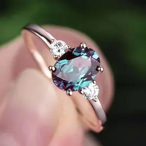 Emas Vermeil grosir mode perhiasan warna berubah Alexandrite CZ Halo berlian Vintage padat 925 perak murni cincin