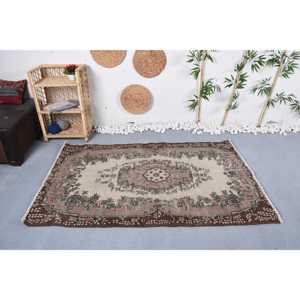 3.8x6 ft Rug, Turkish Rug, Vintage <b>Brown</b> <b>Wool</b> Plants & trees Rug - Product Image 2