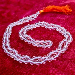 Mala en cristal de quartz clair Sphatik pour la puja et l'astrologie avec certification de laboratoire (108+1 perles ; taille des perles : environ 8 mm) - Product Image 1