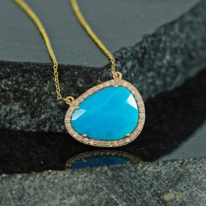 Collier de créateur en or jaune 14kt avec pierre naturelle Turquoise - Product Image 1