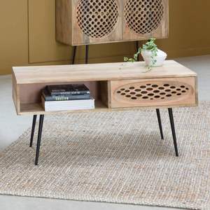 Table basse moderne en bois de manguier sculpté CNC et en fer, écologique, durable, meubles de bureau à domicile - Product Image 1