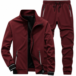Conjunto Deportivo para Hombre Color Granate con Chaqueta y Pantalones de Chándal Transpirables de Poliéster con Bolsillos Laterales, Ropa Deportiva Casual - Product Image 1